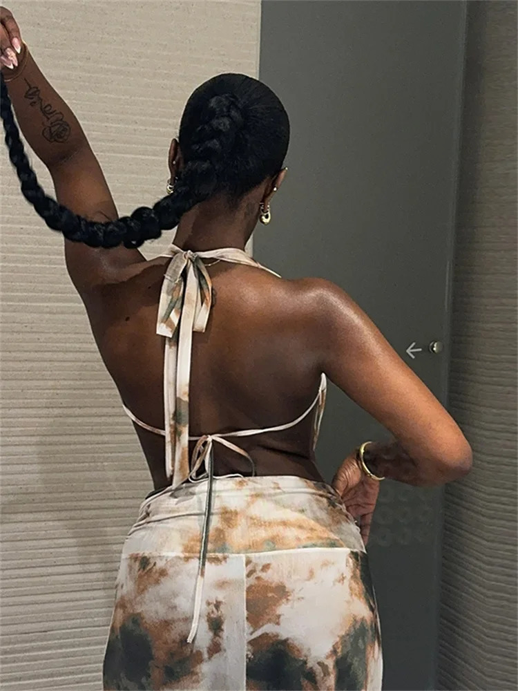 Weird Cat Tie Dye Printed 2piece Womens Bandage Strap Low Neck Tank TopRuffle Skirt Vacation Beach Styye Sexy Set 250312