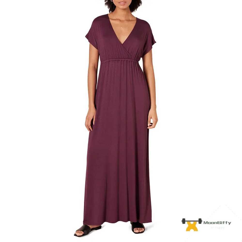 Explosive 2024 Spring Womens Draw-waist Ultra-long Casual Commuter V-neck Short-sleeved DressT250311