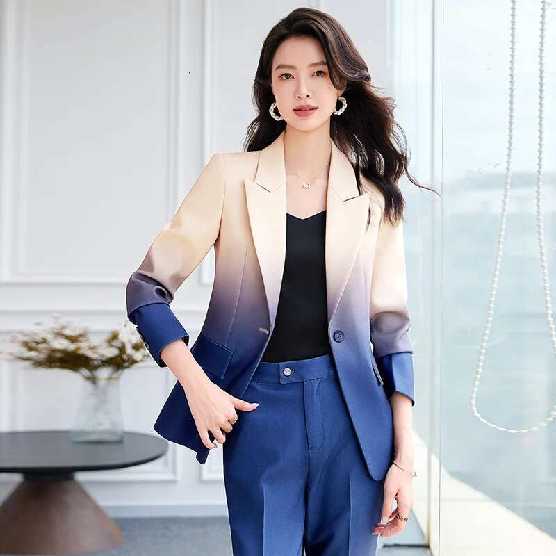 HIGH STREET Newest Fashion 2024 Designer Set Women's Gradient Color Printed Single Button Blazer Flare Pants Suit