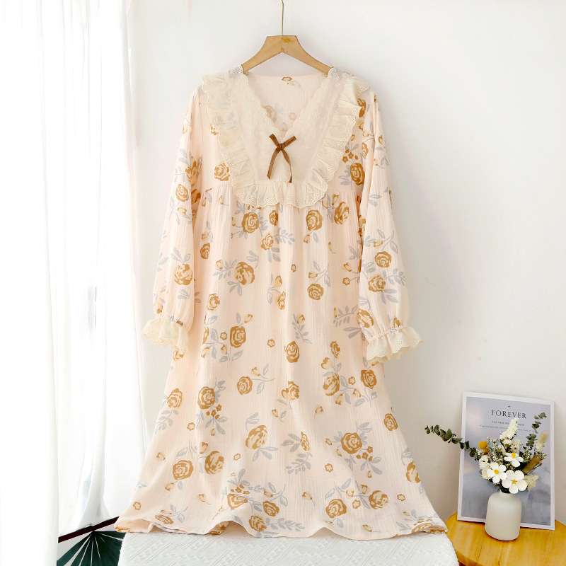 B773-Gentle women's floral pure cotton yarn loose double-layer gauze home clothes pajamas set autumn long sleeve home wear