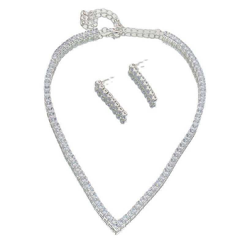 Jewelry Full Diamond Zircon Necklace Earring Set Chain Wedding Dress Jewelry Simple Set W250312