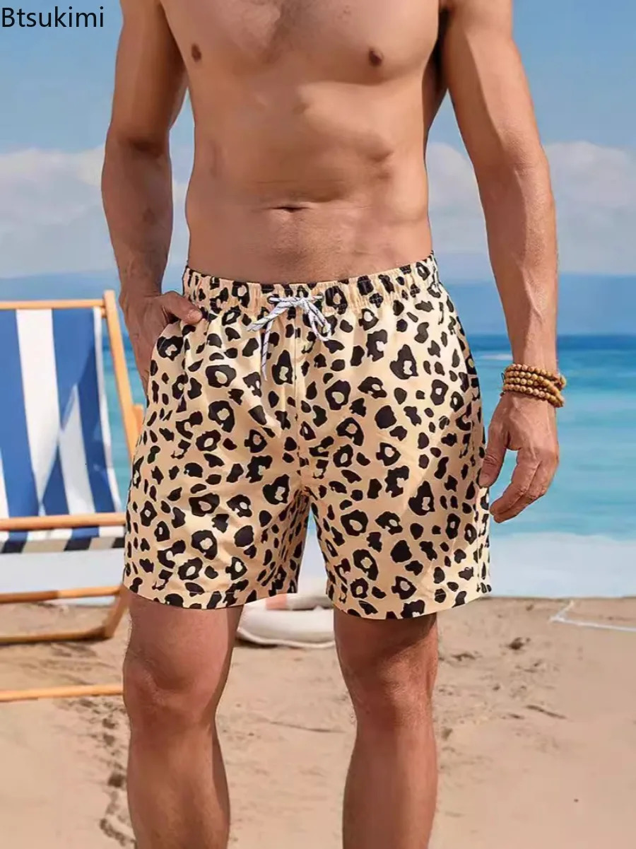 Summer Leopard Print Beach Shorts for Men Loose Casual Pocket Drawstring Beach Sport Pants Men Quick-Drying Washable Swim Briefs 250310