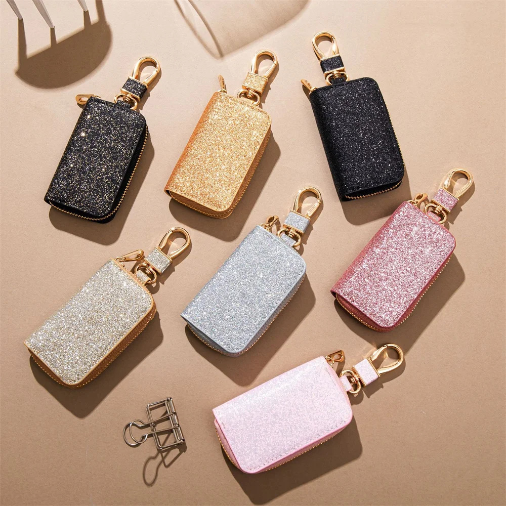 Leather Key Bag With Keychain Creative Shiny Coin Purse Mini Portable Storage Bag Pendant Glitter Zipper Key Holder Pouch 250311