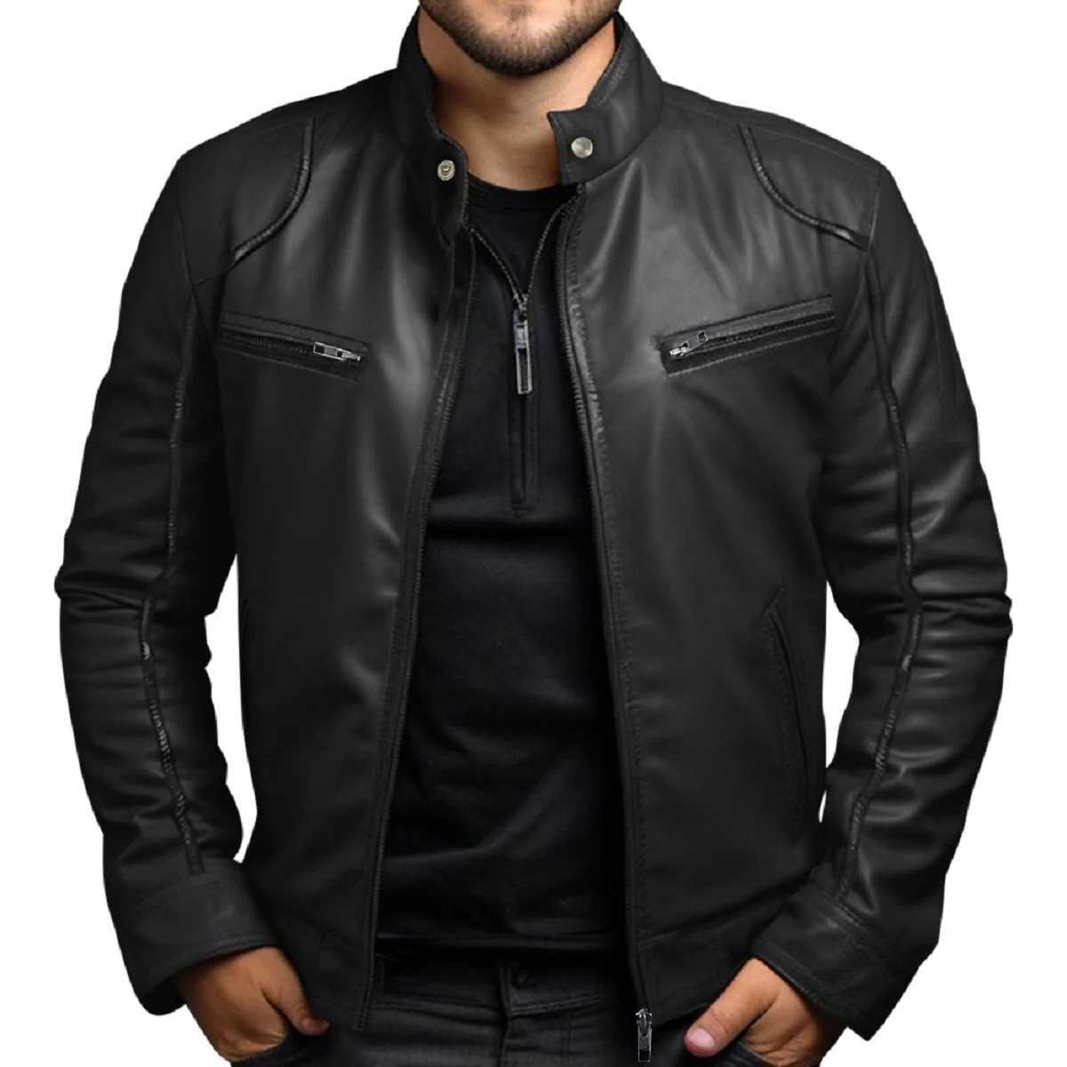 Mens Biker Leather Jacket Stand-up Collar Punk Leather Jacket MenT250311