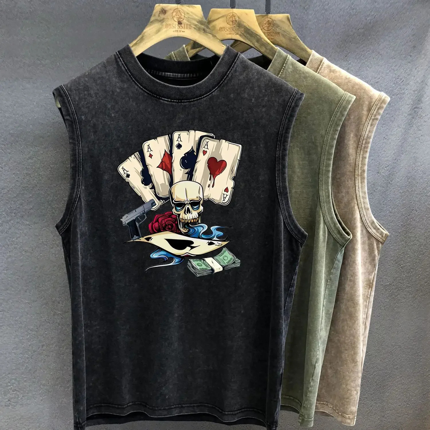 Street bike vest American street hip-hop sleeveless T-shirt loose vest top crew neck fitness 250311