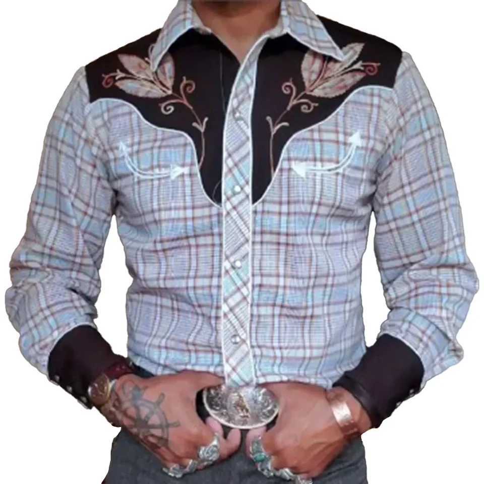 Fashionable printed mens long sleeved shirt Western style decorative slim fit shirt casual party formal shirt top W250312