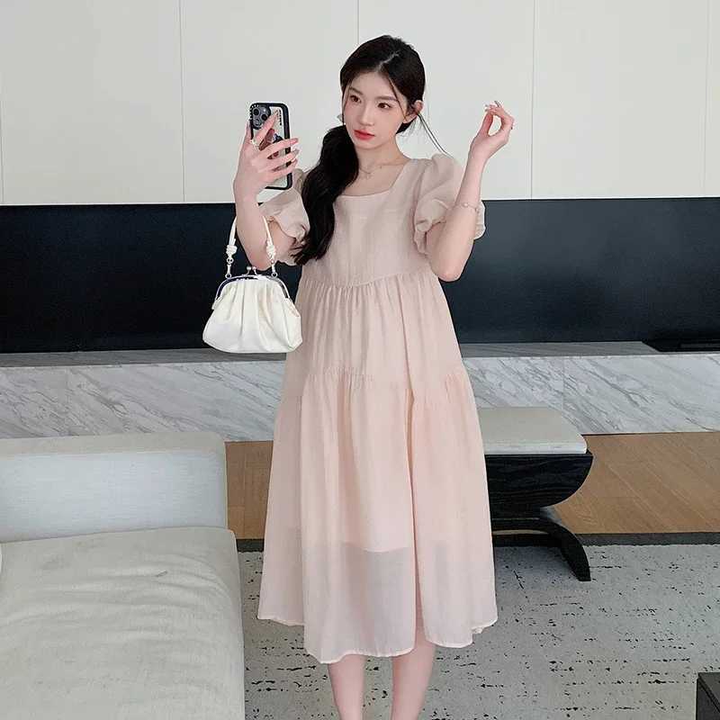 French Style Sweet Pregnant Woman Cake Dress Solid Color Maternity Ball Gown Princess Party Dress Loose Casual Midi DressesT250311
