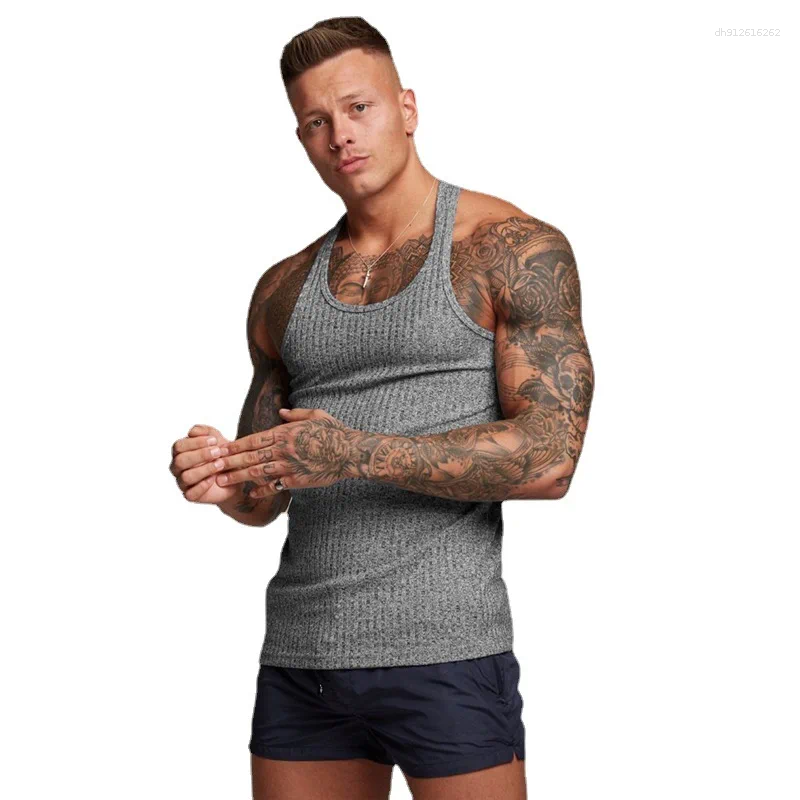 Men's Tank Tops Pit Stripes Knitted Y Back Fitness Mens Bodybuilding Stringer Singlets Slim Fit Muscle Sleeveless Shirt Gym Clothing