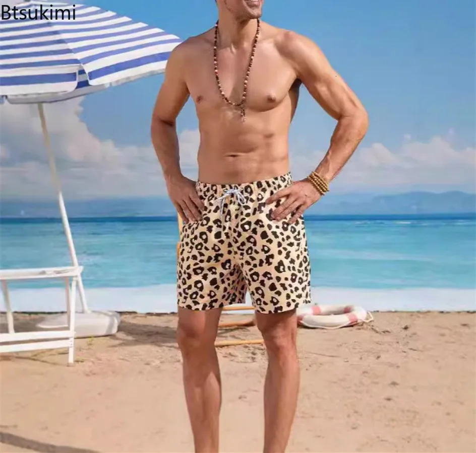 Summer Leopard Print Beach Shorts for Men Loose Casual Pocket Drawstring Beach Sport Pants Men Quick-Drying Washable Swim Briefs 250310