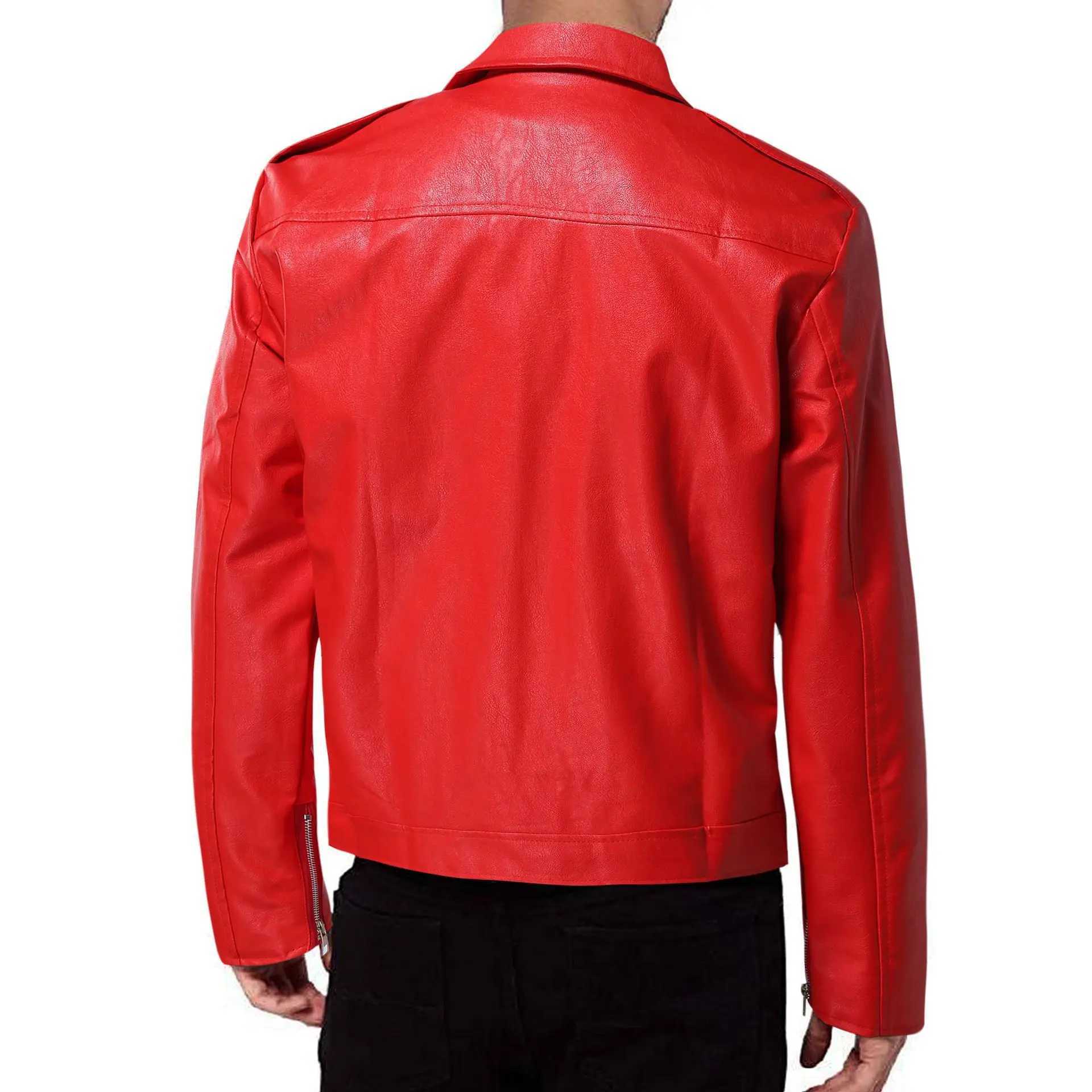 Bright Red Mens PU Biker Jackets Fashion Casual Loose Coat M-5XL Black Long Sleeve Lapel Jacket Rivet Zipper DecorationT250311