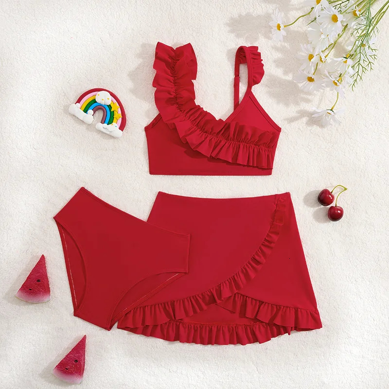 3 Pieces Ruffle Bikini 2025 Girls Swimsuit High Waist Kids Swimwear Female Beach Skirt Red Children Swimming Bathing Swim Suit 250311