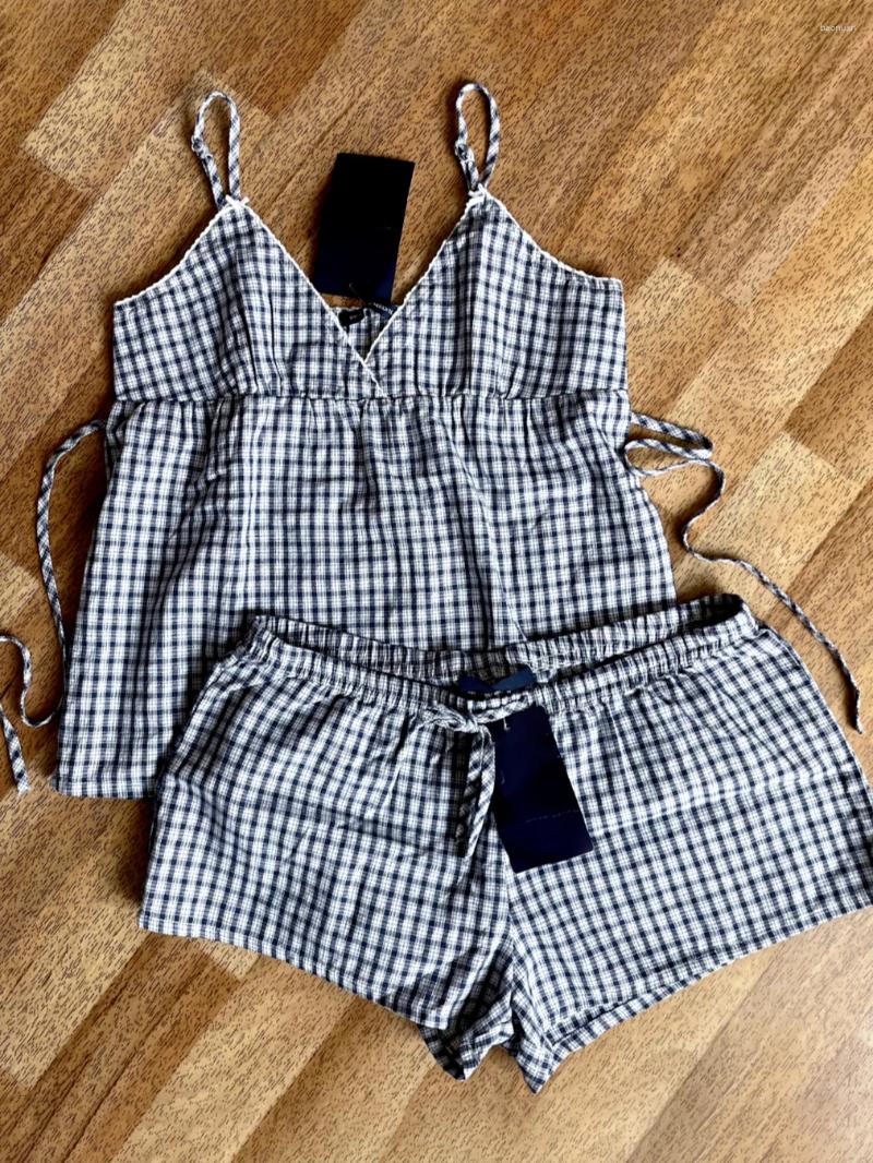 Womens Tracksuits Navy Plaid Tank Shorts 2 Piece Sets Woman Lace Trim Buttons Lace-up Camis Drawstring Sweatshorts Vintage Sweet Home