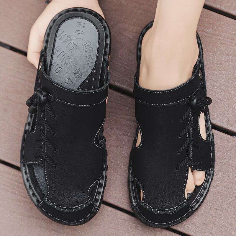 Baotou sandals men in summer plus size driving, trendy leather for exterior wear, 2025 new soft bottom anti slip cool slippers, dual-use