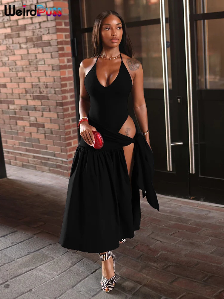 Weird Puss Hipster Solid 2 Piece Set Women Summer Trend Elegant Halter BodysuitWrapped Long Skirts Matching Clubwear Outfits 250305