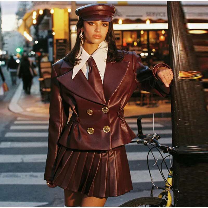 Vintage Bury Leather Long Sleeve Lapel Button Coat High Waist Pleated Sets 2024 Lady Mini Skirt Retro Fashin Suit