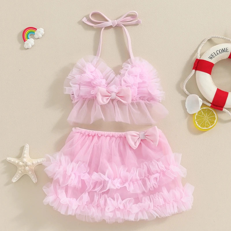 Princess Mesh Bowknot Baby Girls Bikini Set Beachwear For Kids Swimwear Summer Swimsuits Tulle Camisole PP Shorts Bathing Suits 250311