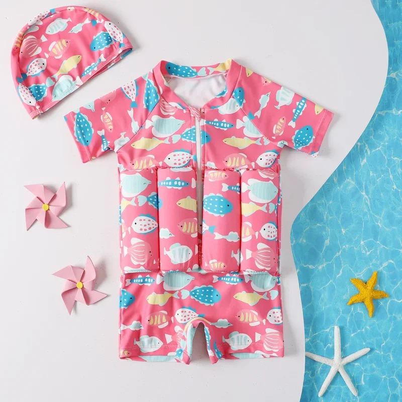 Children Swimming Training Swimwear Boys Girls Swimming Suit Detachable Floating Swimsuit Kids Buofancy SwimwearCaps Suit 250311