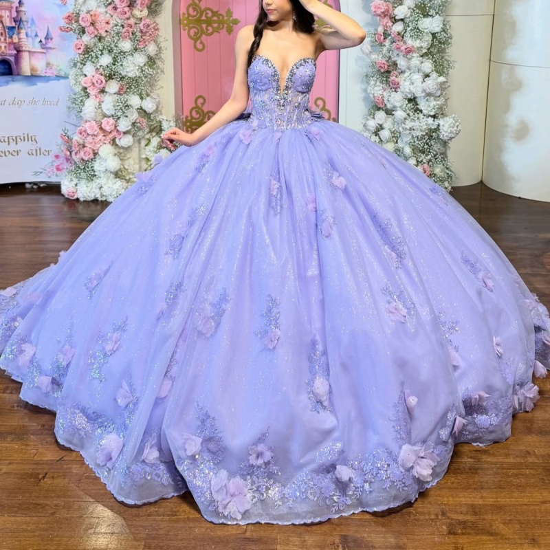 Lavender Shiny Off Shoulder Quinceanera Dresses Applique Flower Beading Crystal Corset Tull Party Birthday Sweet 16 Dress Vestidos 15 Anos