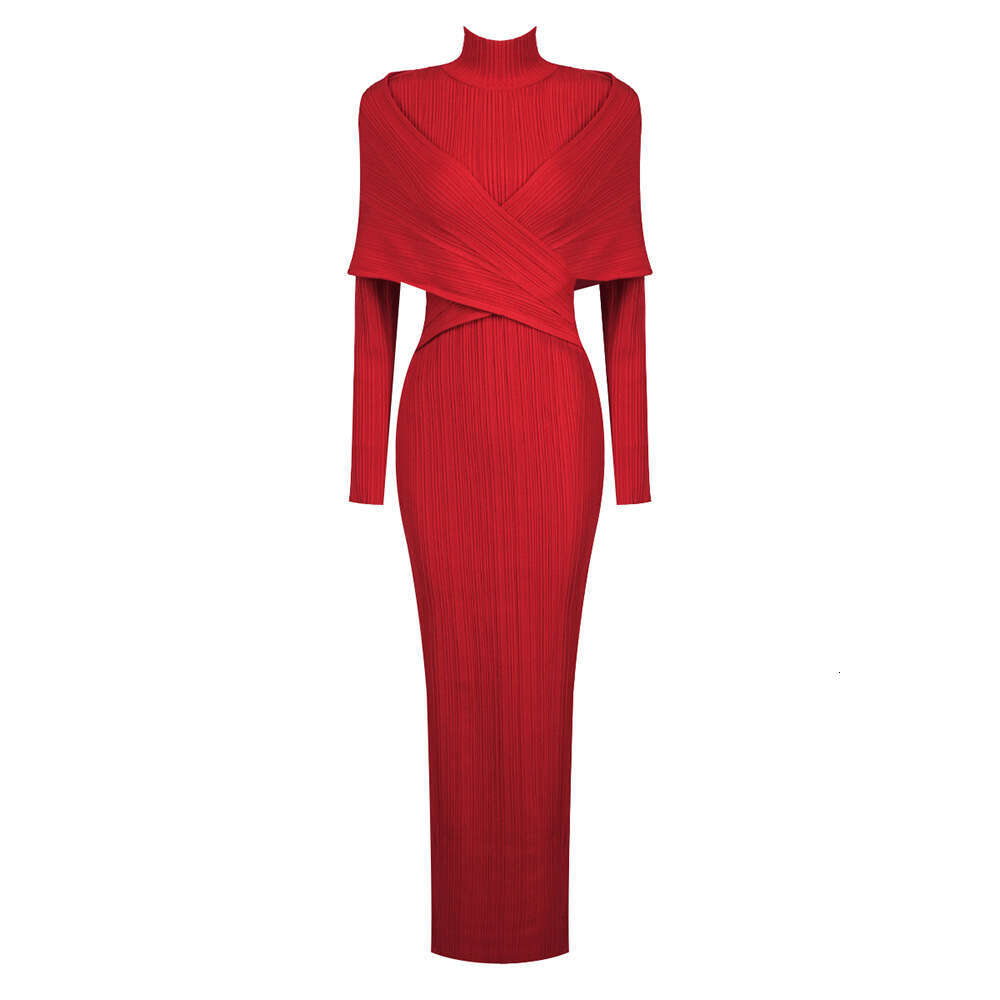 Spring Women's New High-End Red Sleeved Cross Knitted Jacquard Bandage Dress With High Neck Long Skirt