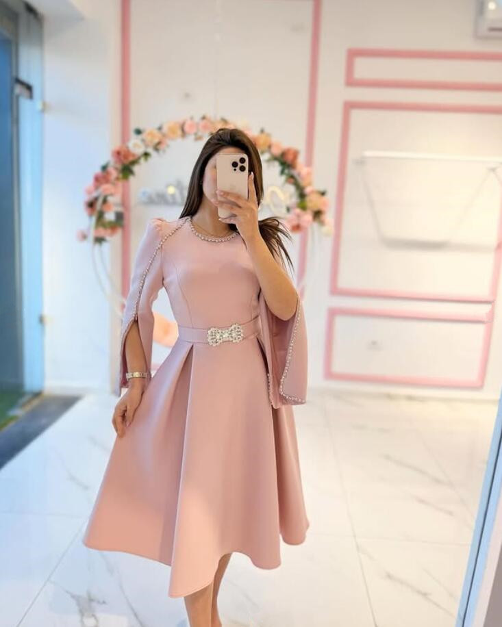 Pink Tea-length Arabic Prom Formal Dresses with Sleeve Cape Crystal Beaded Customsized Saudi Dubai Evening Party Gown Outfit