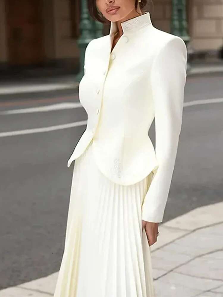 TWOTWINSTYLE Solid Two Piece For Women Stand Collar Long Sleeve Spliced Button Tops High Waist Skirt Chic Set Female Fashion