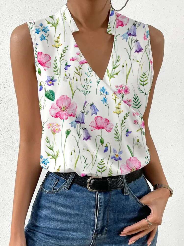 Fashion V-Neck Sleeveless Print Women Tops And Blouses 2024 Summer Casual White Tank Femme Shirt Top