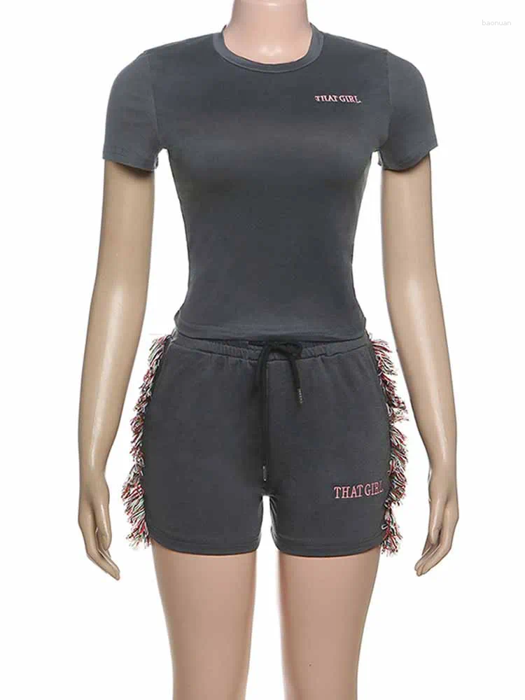Womens Tracksuits BKQU Letter Embroidery Casual 2 Piece Sets Woman Outfit Short Sleeve T-shirts Side Tassel Shorts Matching Suits Female