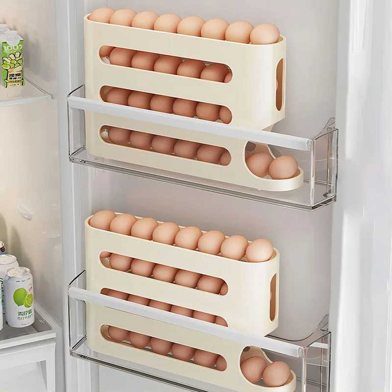 4 Layers Automatic Rolling Holder Rack Fridge Eggs Storage Box Container Kitchen Refrigerator Egg Dispenser Fridge Egg Organizer M250312
