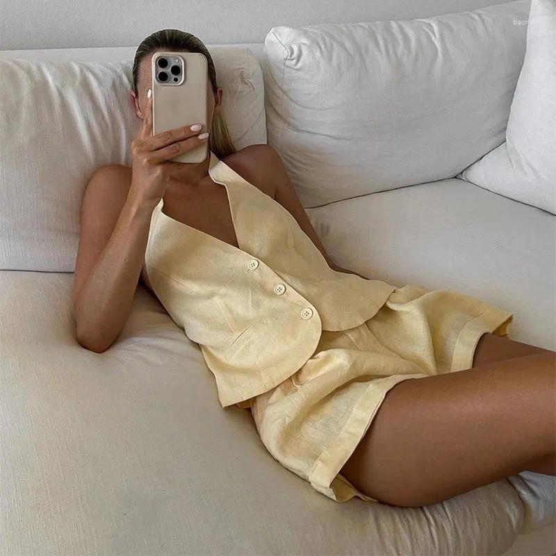 Womens Tracksuits Women Halter Vest Short Suit Lemon-yellow V-neck Single Breasted Sleeve Tops Loose Waist Pockets Sets Female Lady