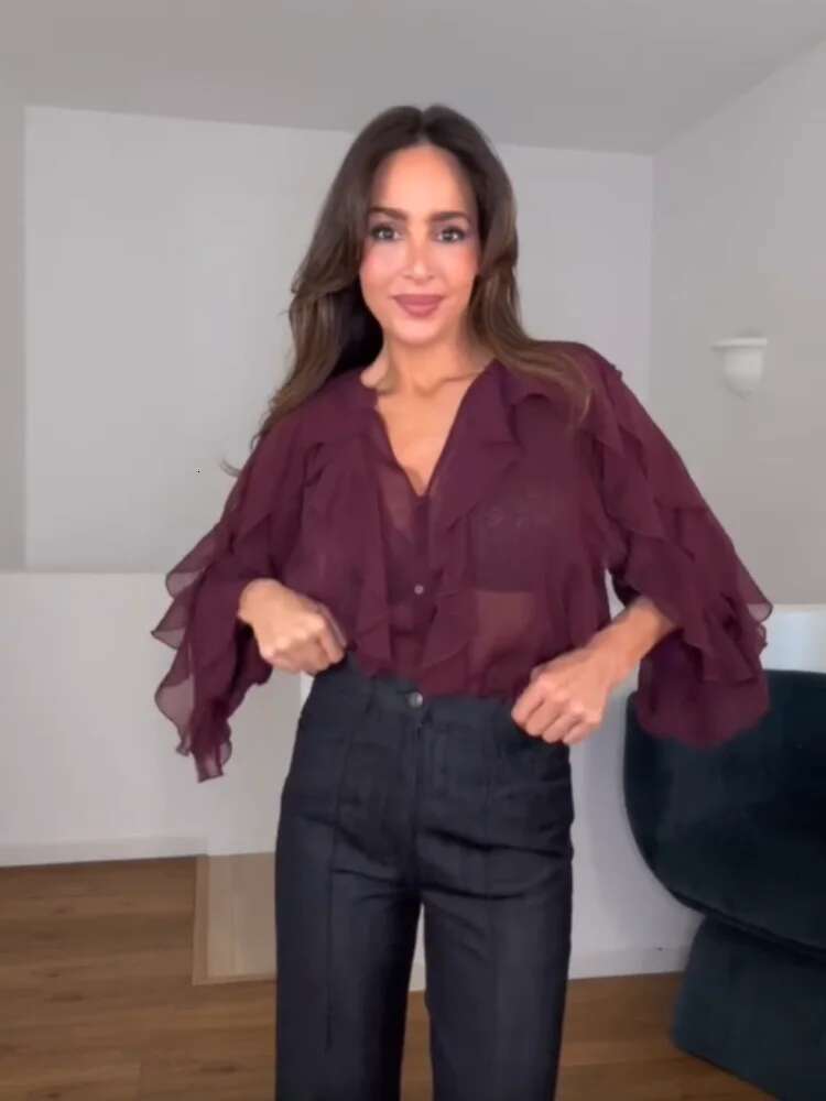 Fashion Women V Neck Ruffles Lantern Long Sleeve Shirt Elegant Solid Mesh Single Breasted Blouse 2025 Commute High Street Outfit