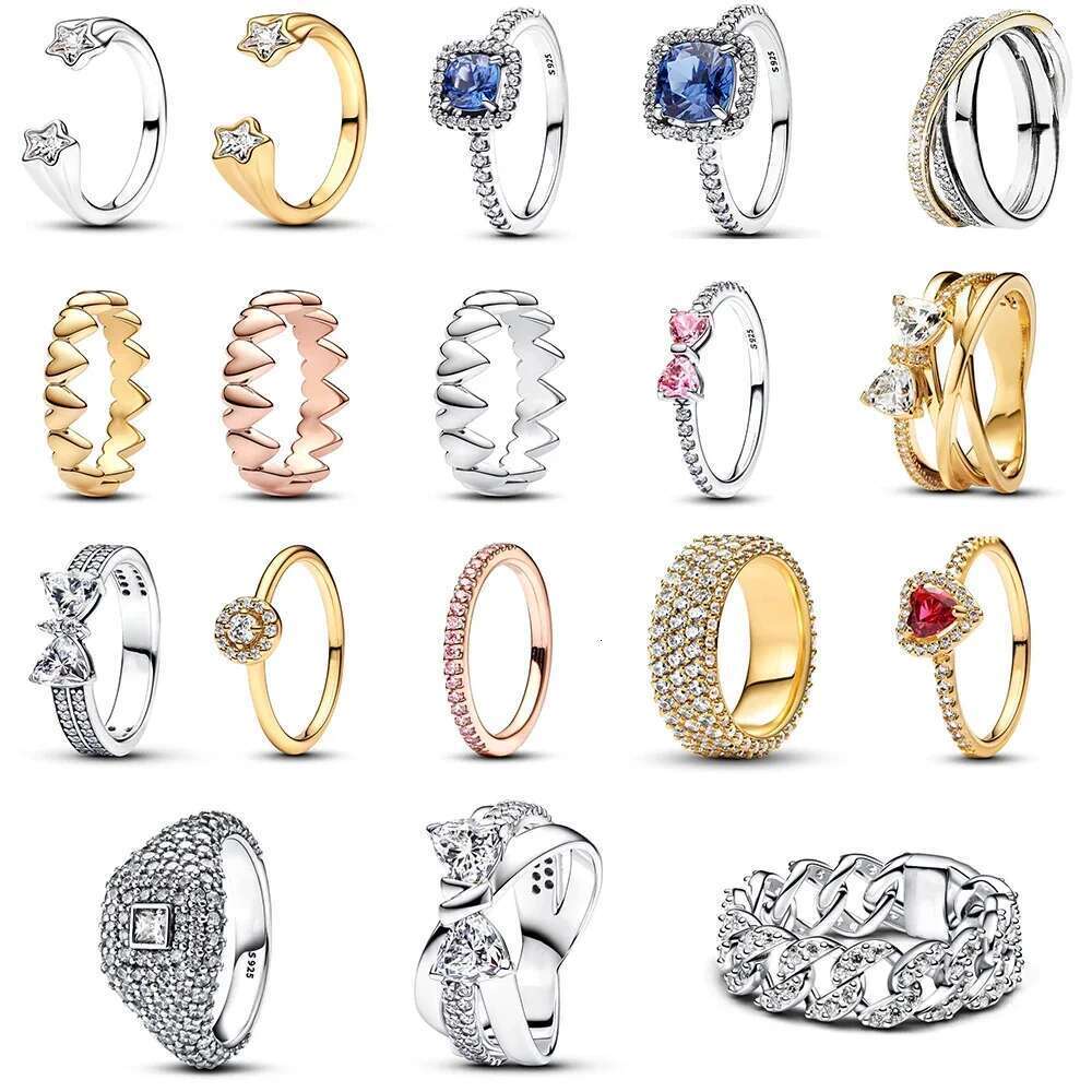 2024 NEW 925 Sterling Silver Sparking Pink Bow Heart Ring Shooting Stars Open Ring Blue Halo Chain Ring Gifts
