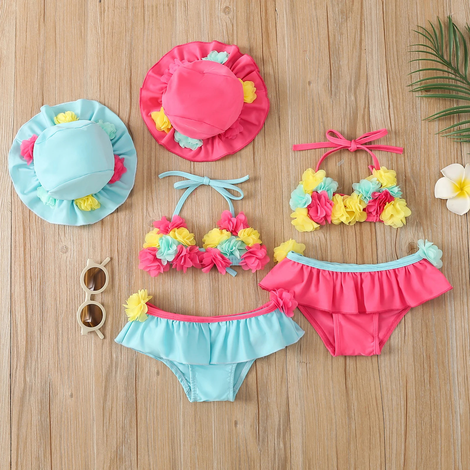 FOCUSNORM 0-24M Summer Cute Baby Girls Bikini Sets 3pcs Flowers Strap Sleeveless VestShorts Sun Hat Swimsuits 250311