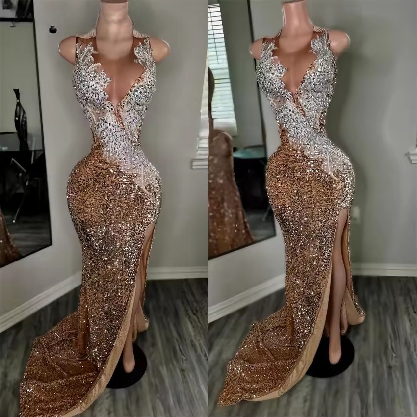 Gold Prom Dresses 2025 Glitter Bead Crystals Dias Split Formal Birthday Party Gown Customized