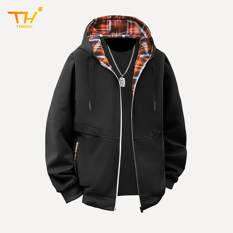 Mens Jacket Hoodie Spring and Autumn Fashion Casual Checkered Sports Shirt Solid Color Coat Street Clothing 250312