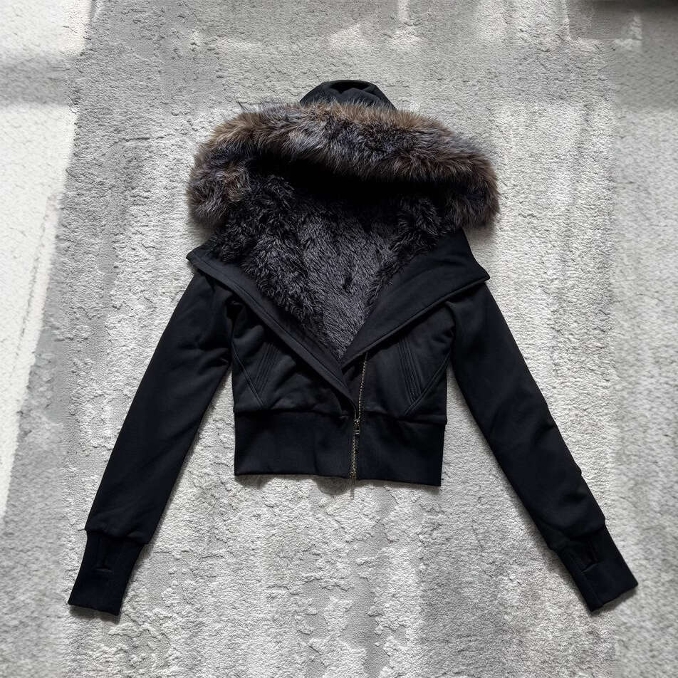 Autumn And Winter Hooded Fur Collar With Plush Inner Lining, Short Hoodie Women's Slimming Zipper Cotton Jacket, Y2k Cardigan
