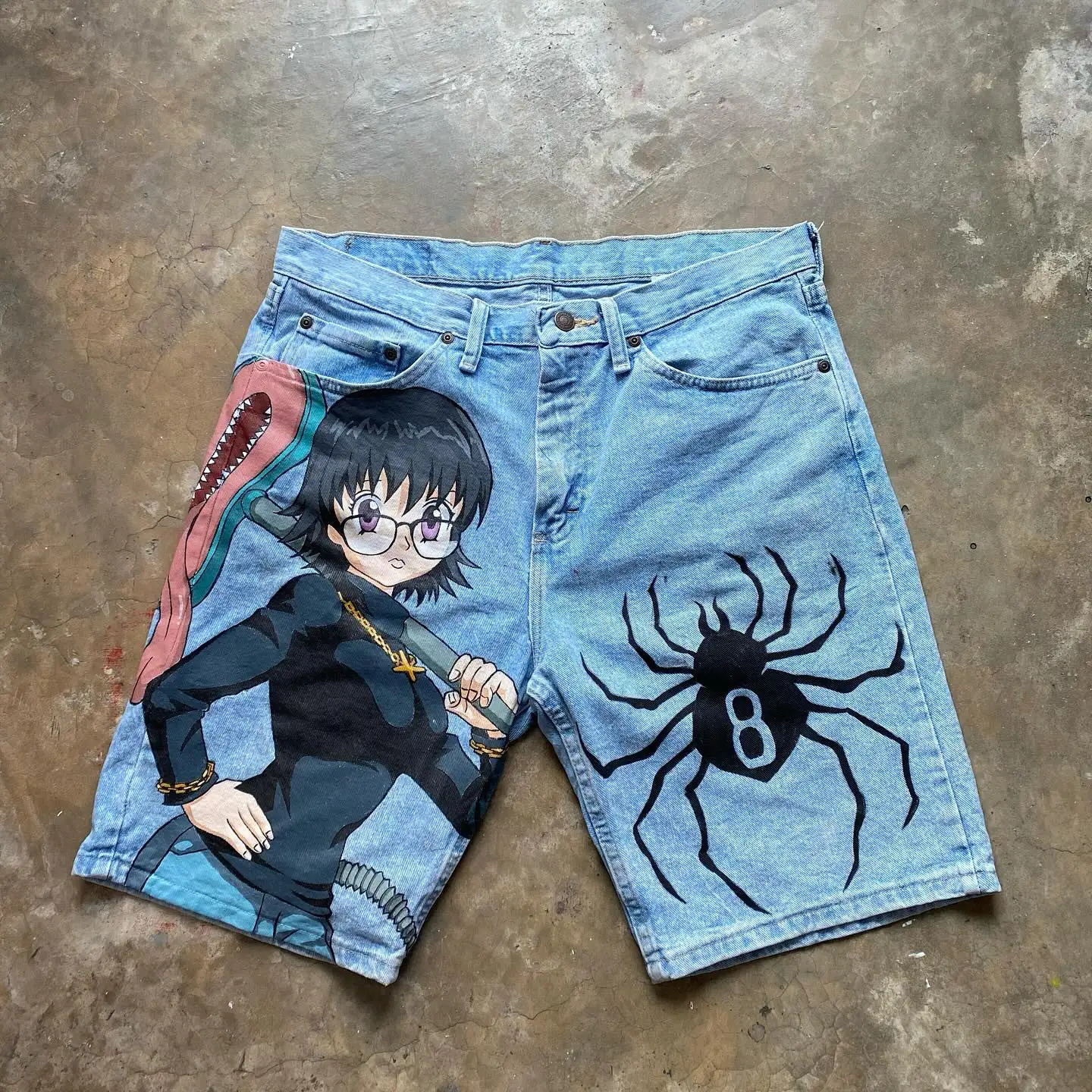 Japanese cartoon anime character graphic printing hip-hop denim shorts Y2k Harajuku retro straight waist street mens and womens shorts 250310
