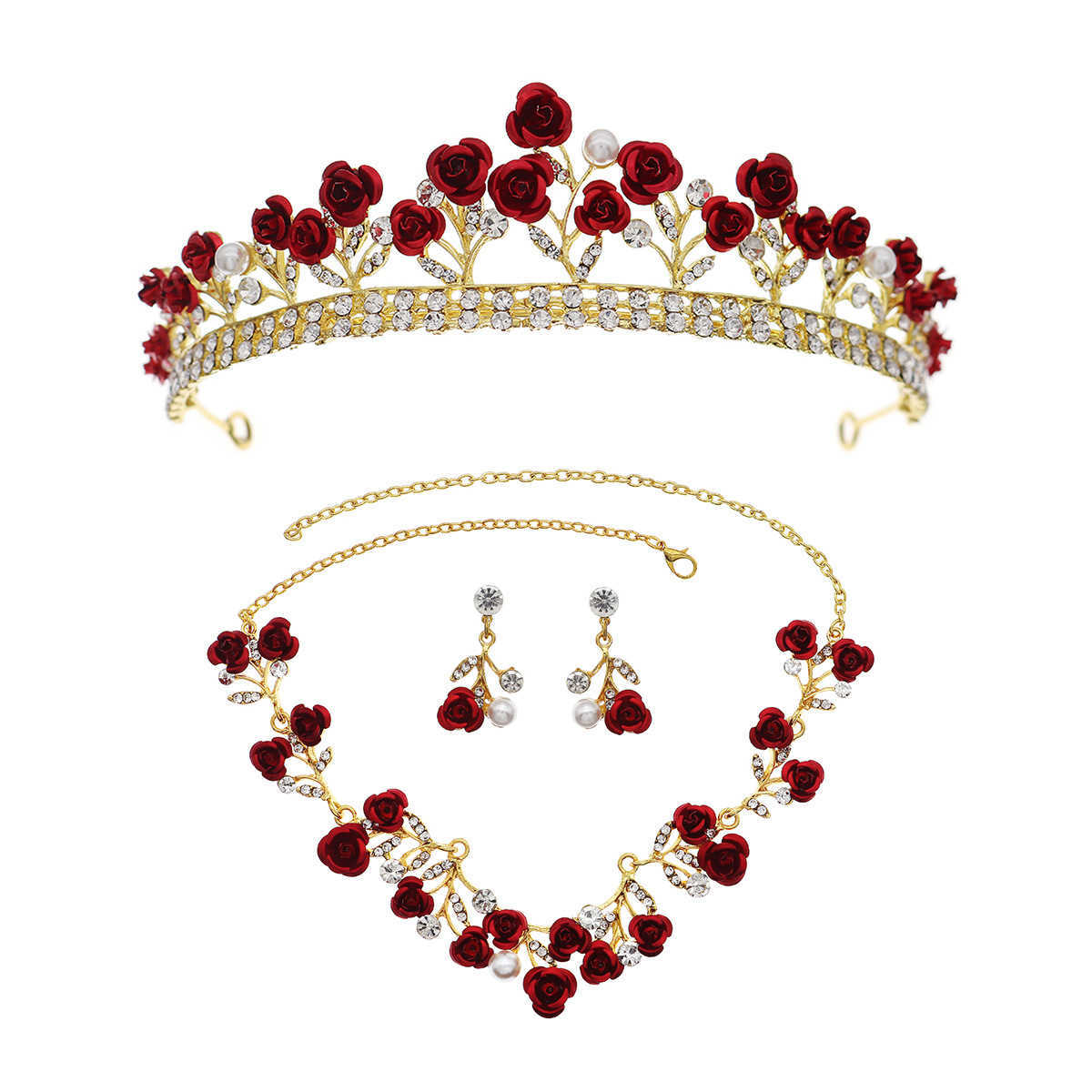 New Childrens Crown Set Bridal Wedding Jewelry Red Rose Necklace Earrings Crown Three Piece Set W250312