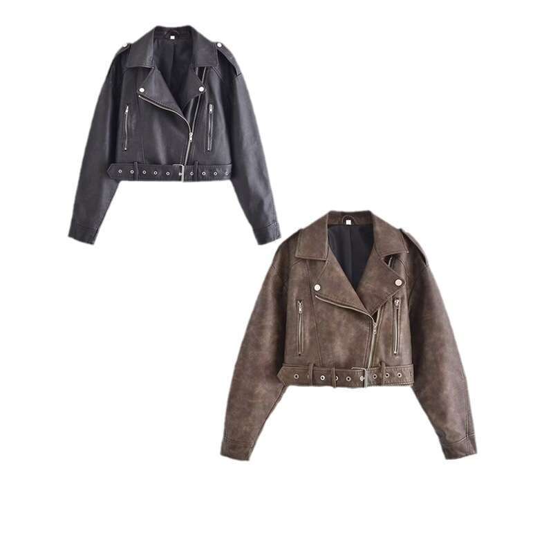 2023 Autumn New Y2k Style Women's Clothing French Washed Gradient Imitation Leather Jacket For Women