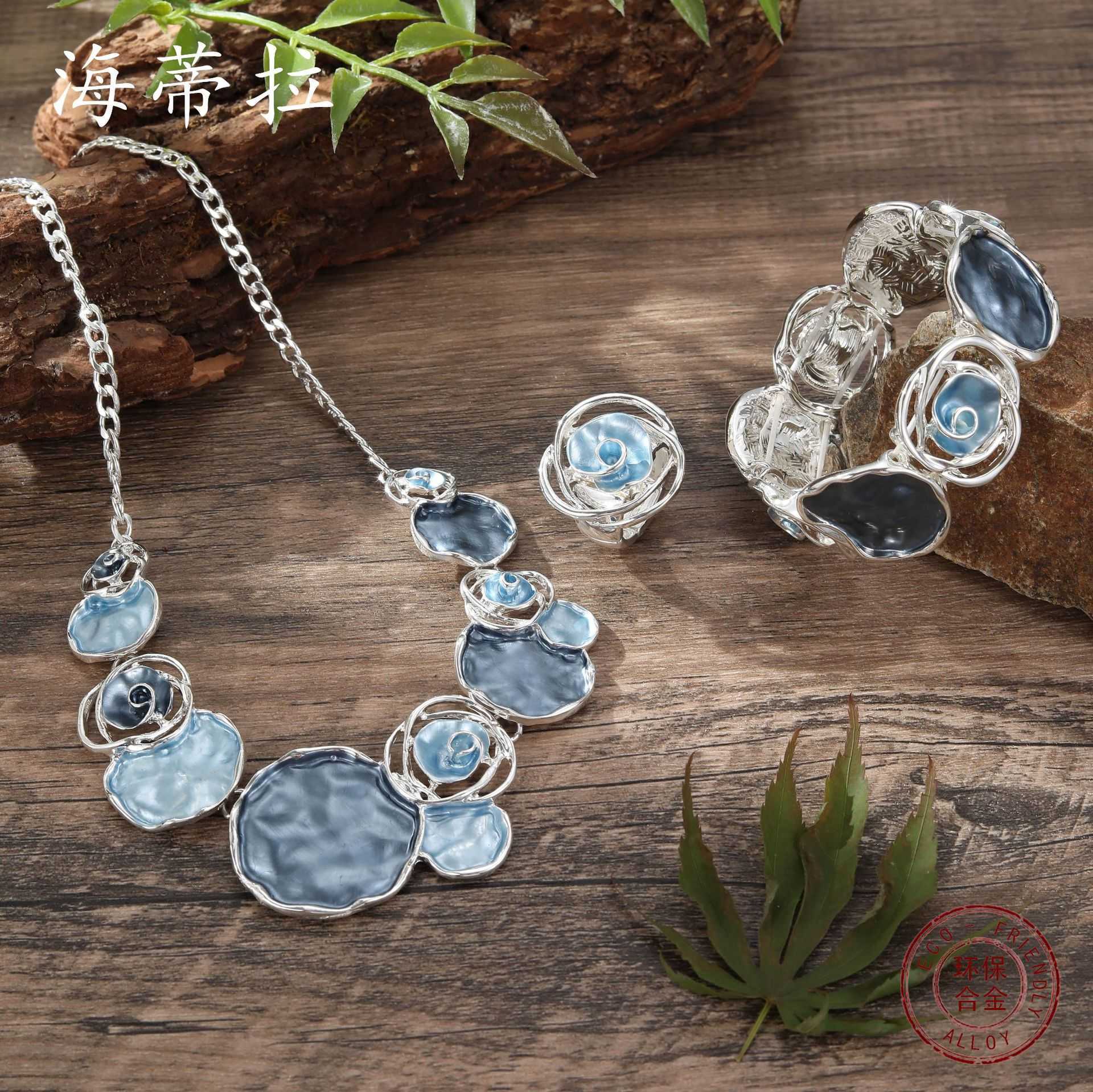 Colored oil painting rose ring bracelet necklace set for womens banquet high-end decoration set W250312