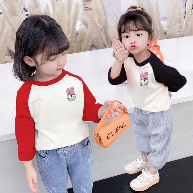 Ddmyshoesvip Girls Pure Cotton Color Contrast T Shirt Children S Western Style Top Korean Version Spring And Autumn Round Neck Girl Cute Bottom Shirt 