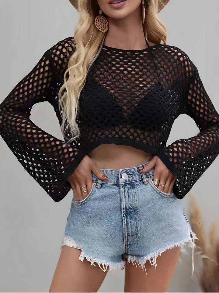 Women's Knitted Mesh Crochet Beach Shirt Solid Bikini Cover Ups Ladies Round-Neck Long Sleeve Tops 2025 Sexy Bathers Swim Bathing Suit Pullover B