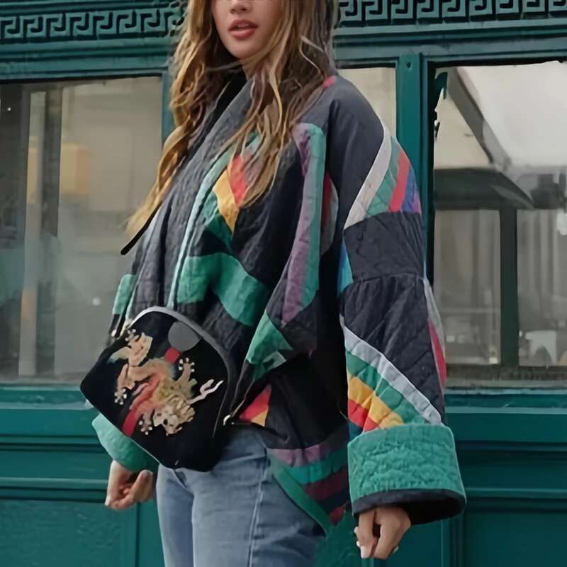 ZBZA Fashion Jacket Color Blocking Long Sleeve Casual Coat Cardigan Tops Warm Cotton Clothing Autumn & Winter Women's