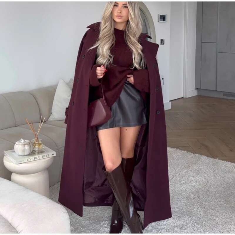 Elegant Bury Woolen Overcoat With Belt For Women Sleeve Lapel Loose Long Trench Autumn High Street New Lady Coats
