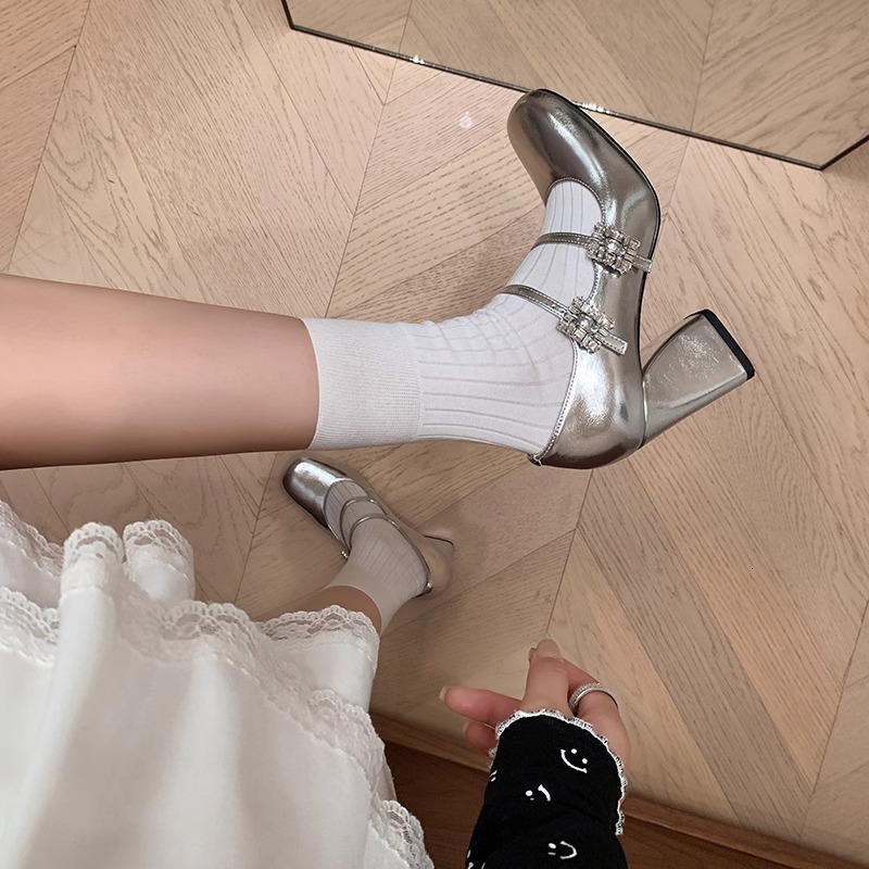 French style rhinestone thick Mary Jane shoes, silver high heels, shallow mouth square toe, one line buckle, matching skirt, single shoe for women #dd