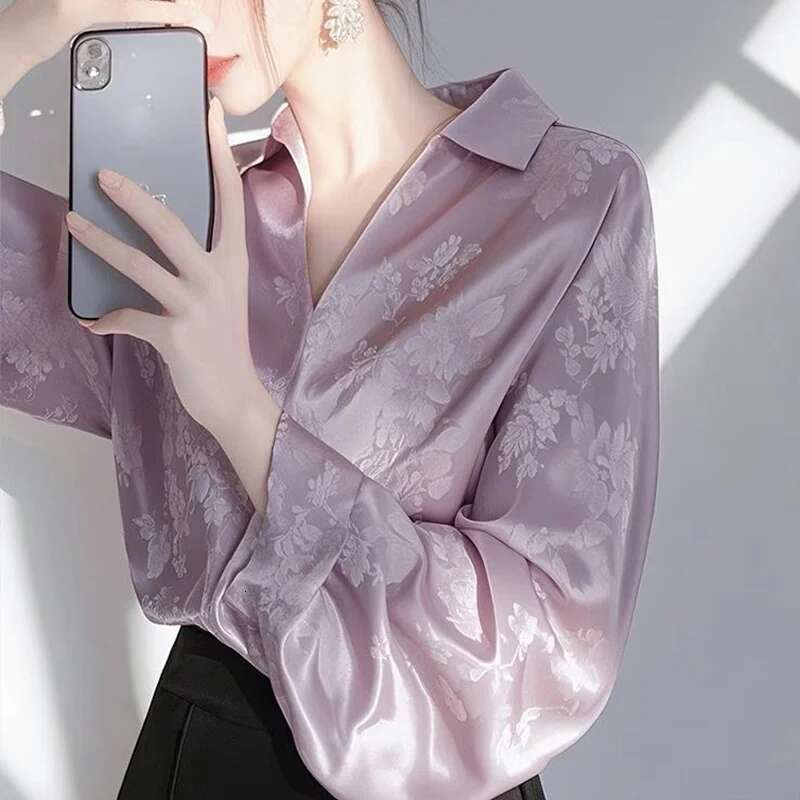 2025 Spring New Elegant Satin Jacquard Shirts Ladies Fashionable V-Neck Long Sleeve Blouse Women Clothing All-Match Top Tee