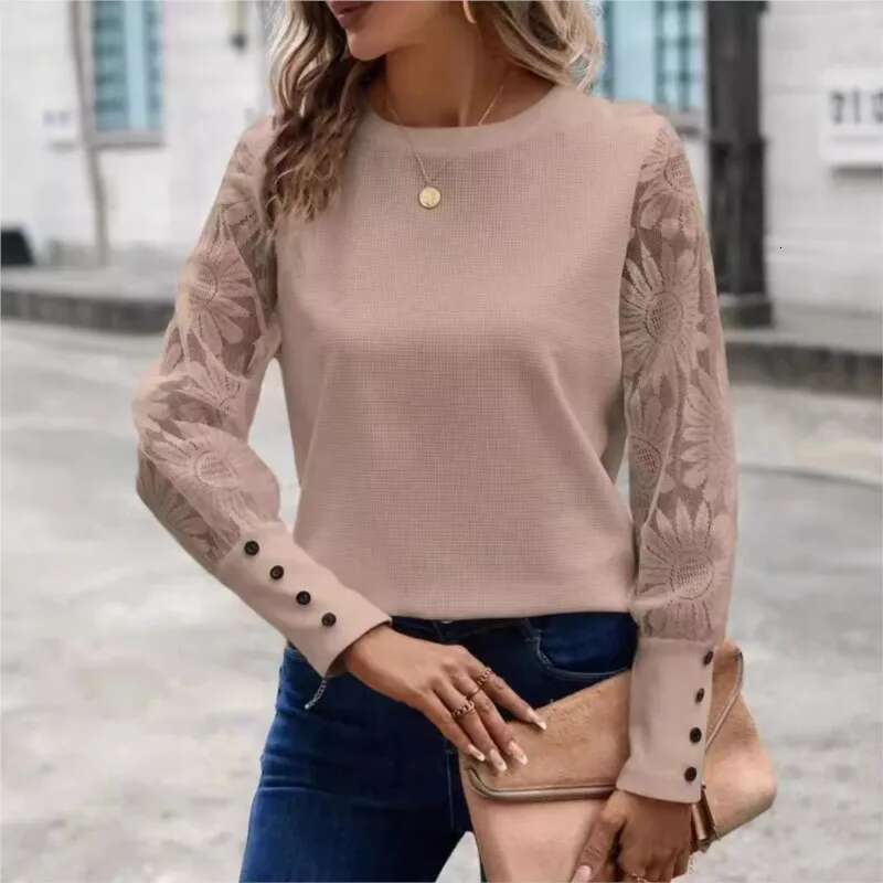 White Elegant Women's Round Neck Office Fashionable Shirt Autumn And Winter Casual Lace Cuffs Long Sleeved Button Up Blouse
