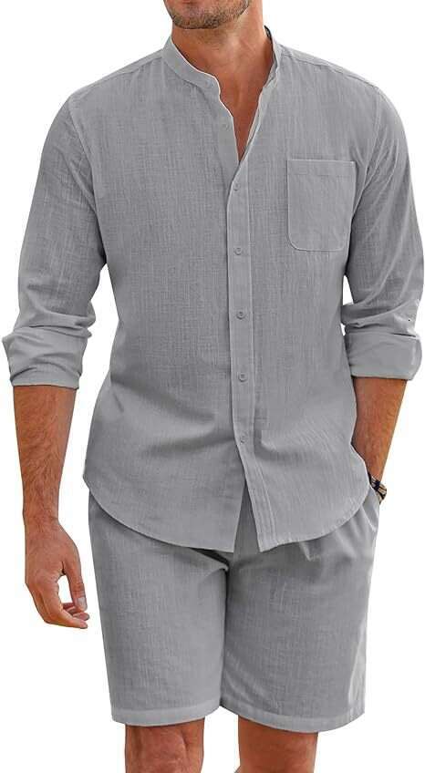 Men's summer two-piece cotton en comfortable button up shirt, long sleeved shorts, cardigan, simple casual beach wear, 2025 new style, chic and e
