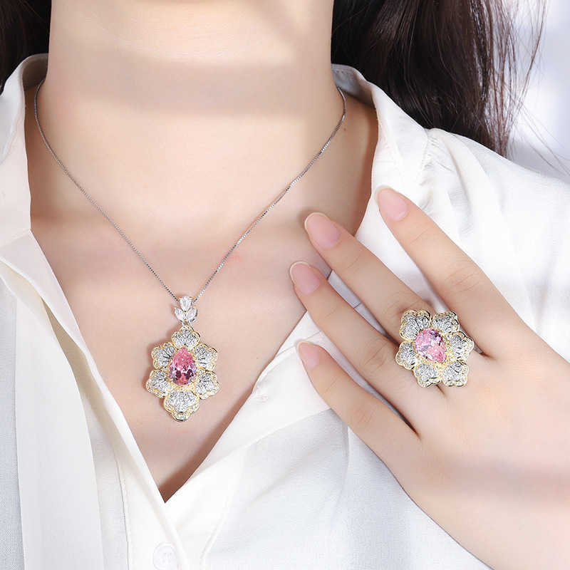 Zhuangsheng Copper Bottom Gold Plated Simulated Cherry Blossom Pink Diamond Creative Flower Shaped Full Diamond Luxury Set 10 * 14 W250312