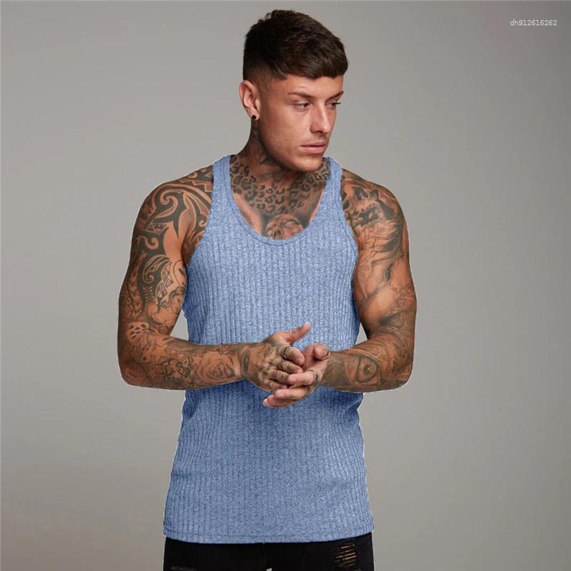 Men's Tank Tops Pit Stripes Knitted Y Back Fitness Mens Bodybuilding Stringer Singlets Slim Fit Muscle Sleeveless Shirt Gym Clothing