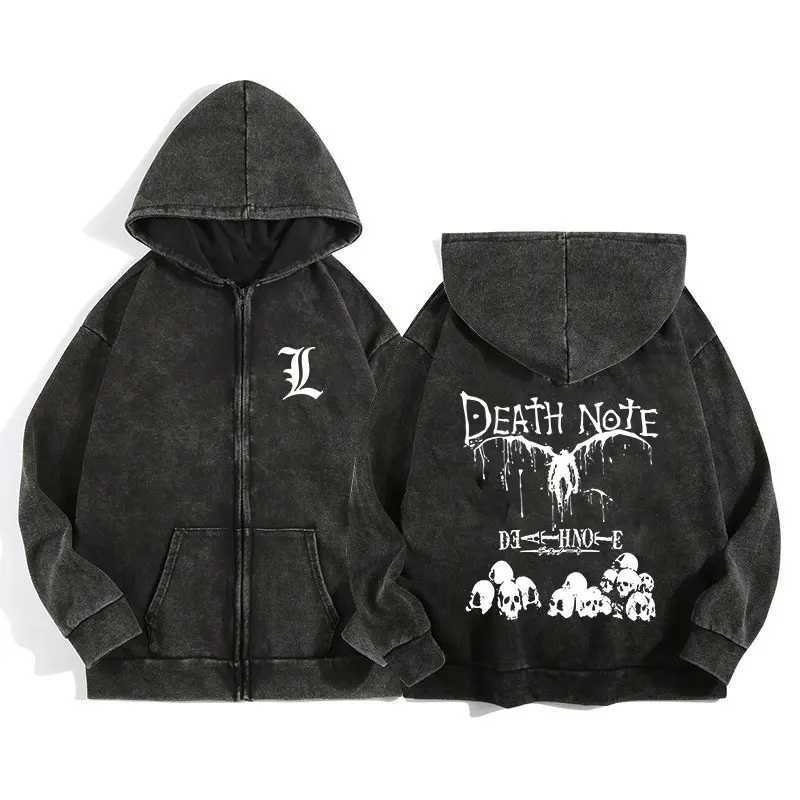 Harajuku Retro Washed Zip Up Hoodie Anime Death Note Print Jacket Gothic Graphic Cotton Men Women Zipper Hooded SweatshirtT250312